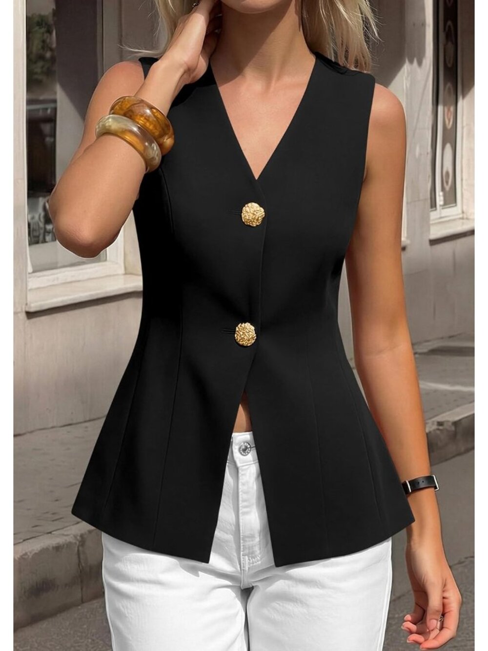 Women's Black Summer Sleeveless Blazer Vest Tops 2026 Trendy V Neck Button Down - Picture 4 of 6